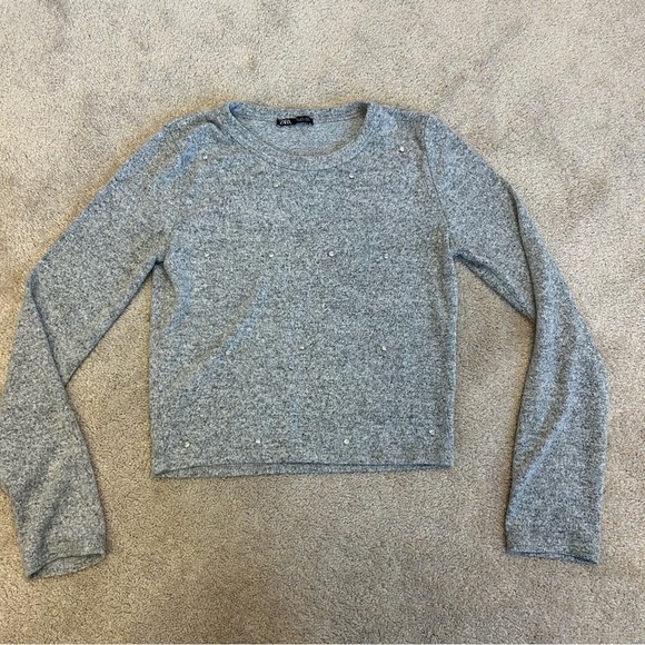 𝅺ZARA gray rhinestone Embellished long sleeve stretchy sweater Sz L - Picture 5 of 9